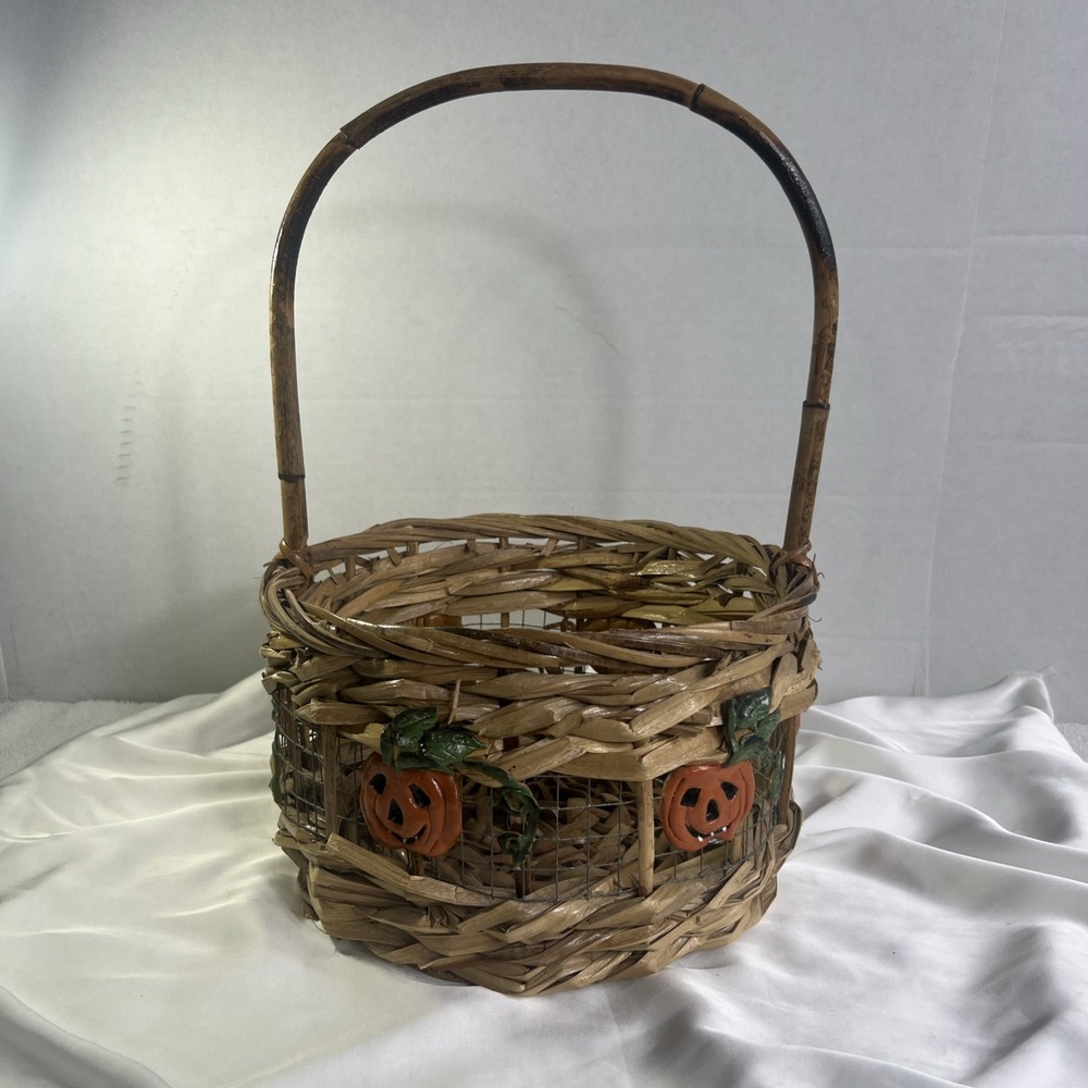 VINTAGE Pumpkin Basket Halloween Jack‎ O'Lantern Woven Basket  Decoration